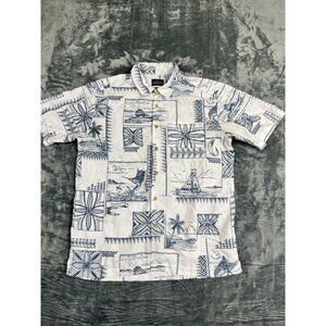 Quiksilver Waterman Mens White & Blue Hawaiian Button-Up Shirt L